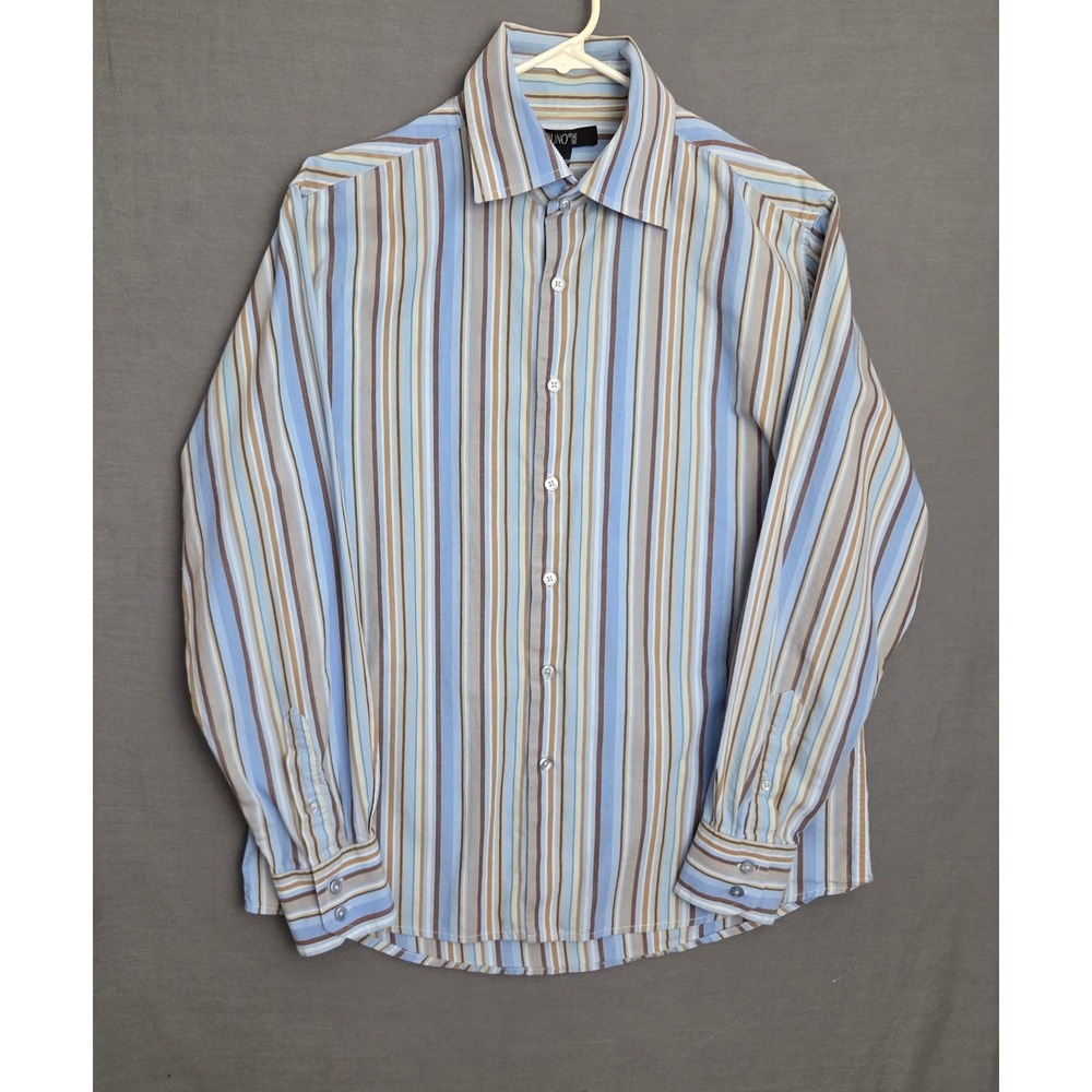 Bruno Y2K Mens Striped Button Down Shirt Blue Brown Tan Long Sleeve Cotton M